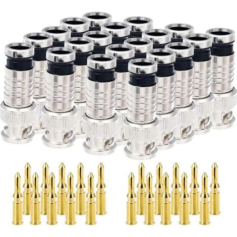 20pcs BNC Compression Connector 75 Ohm Coupler with Copper Pin for Rg58-59 Crimp Connector Video Coaxial Cable