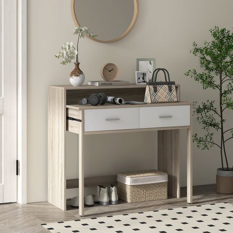 Table Console avec Plateau Coulissant + 2 Tiroirs, Rangement pour Couloir, 95lx35Px87H cm, Aspect Chêne