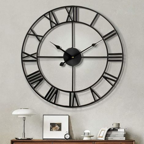 Moderne römische Ziffern, große Wanduhren, geräuschlos, runde Metallwanduhr, tickt nicht, für Wohnzimmer, Küche, Schlafzimmer, Vintage-Gartenwanduhren, Dekor, Schwarz, 40 cm