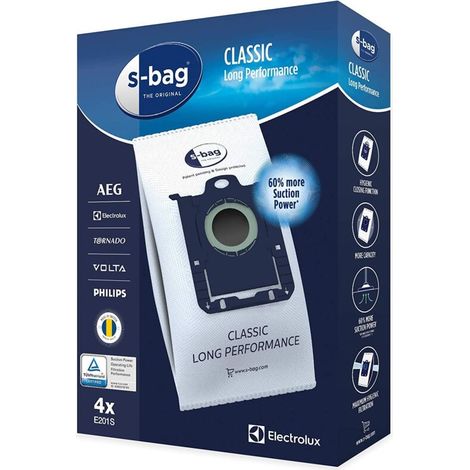Lot de 4 sacs synthétiques S-Bag long performance E201S pour aspirateur AEG - Electrolux - Philips (1/2)