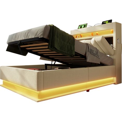 Letto Singolo Contenitore 90 x 200 cm in Lino, USB, Type-C, LED e Ripiani, Materasso Incluso, Beige (1/5)
