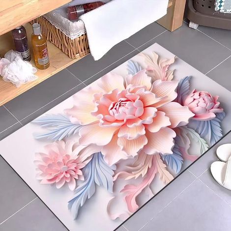 Tapis de bain en diatomite – Absorbant, antidérapant et résistant à la saleté & l’usure – Paillasson floral pour salle de bain et entrée de toilette (50 x 80 cm)-lsw