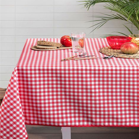 Nappe rectangulaire vichy rouge et blanc 145x240 cm – 100% polyester anti-tache – Finition biais rouge – Pour 8 à 10 convives (1/2)