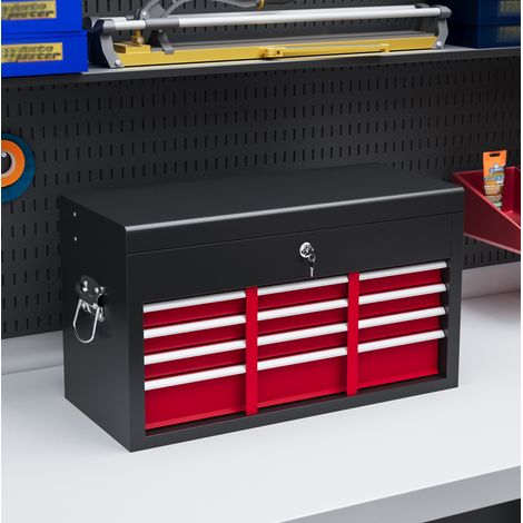 Caja de herramientas (60x26x34 cm), con 6 cajones, cerradura, asa lateral, acero rojo (1/5)