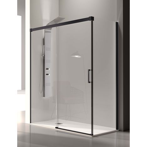 Mampara de Ducha Angular- 2 Hojas Fijas y 1 Puerta Corredera- Cristal de Seguridad de 6/8 mm - Modelo Glase Q3 BN (116 - 120 x70 cm) - LACADO NEGRO (1/2)