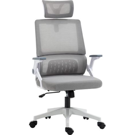 Chaise de bureau grise en maille pivotante avec appui-tête réglable, 104,5-121,5 cm, confort ergonomique design