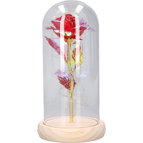Rose lumineuse en verre LED doré coloré, couvercle en verre pour rose artificielle, décoration mariage anniversaire rouge (1/5)