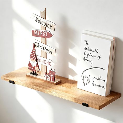 Étagère Murale Flottante en Bois, Chêne Naturel Étagère Flottante en Bois Massif Rustique Etagere Mural avec pour Chambre, Salon, Cuisine et Salle de Bain (30 CM) (1/5)