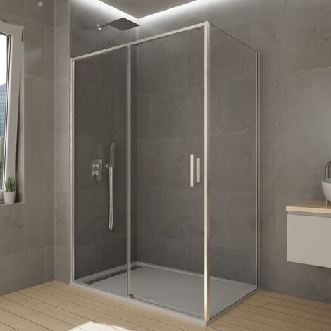 TWENTY box doccia angolare con porta scorrevole, pannello fisso frontale e lato fisso, 160x70 cm, vetro trasparente, finitura cromo (1/5)