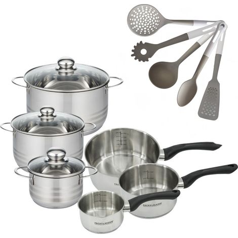 Lot 3 Faitouts 16/20/24 cm & 3 Casseroles 12/16/20 cm Fackelmann Geneva avec 5 Ustensiles (1/5)