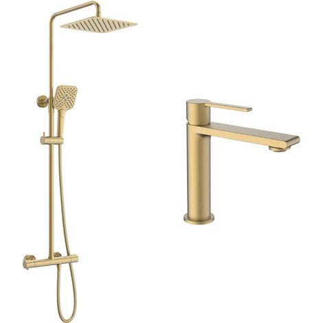 Ensemble mitigeur lavabo et colonne de douche thermostatique – Finition or brossé – Pommeau pluie 25x25 cm – Douchette 3 jets ABS