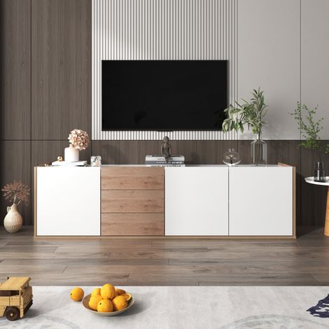 Meuble TV 171 cm, avec 3 portes et 3 tiroirs, étagères réglables, peut être accroché au mur ou posé au sol, 171,5x35x47 cm, meuble TV discret - Blanc (1/5)