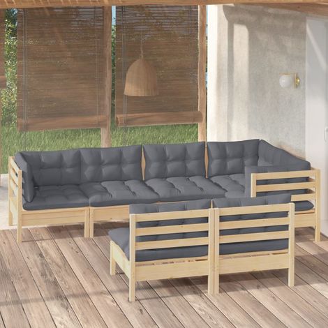 Salon de jardin 7 pcs avec coussins gris Bois de pin massif 2 (1/5)