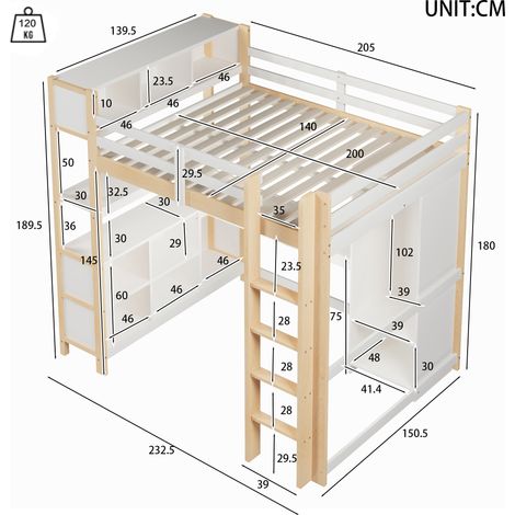 Lit Mezzanine 140x200 cm avec étagères, rangements multiples, bureau intégré, penderie, sans matelas, bois naturel