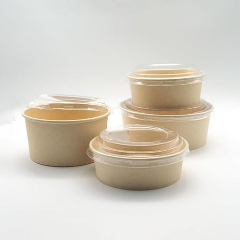 4 Ciotole 750ml Bio Per Cibo Caldo e Freddo In Cartone Con Coperchio Rotondo