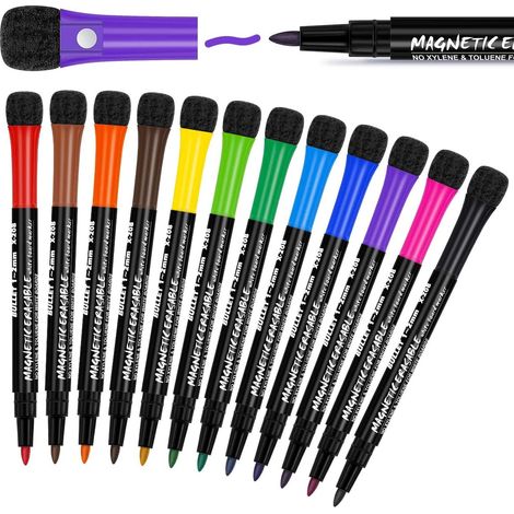 Marqueur Effaçable À Sec - Pointe Fine 1 à 2 mm - Magnétique Avec Gomme Intégrée - Pour Tableau Blanc Réfrigérateur Et Surfaces Non Poreuses - Lot De 12 (1/5)