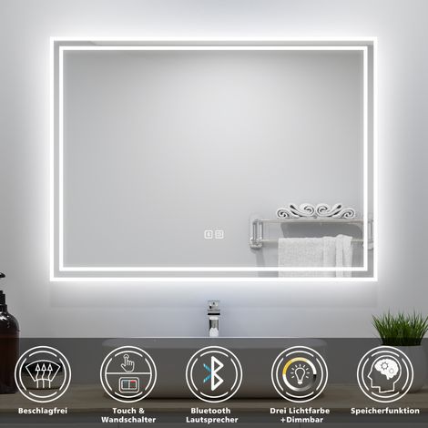 LED Badspiegel 80x60cm mit Bluetooth 3 Lichtfarbe Dimmbar Beschlagfrei Speicherfunktion (1/5)