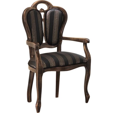 Fauteuil bois massif marron et assise tissu noir avec motifs dorés Kerla (1/3)