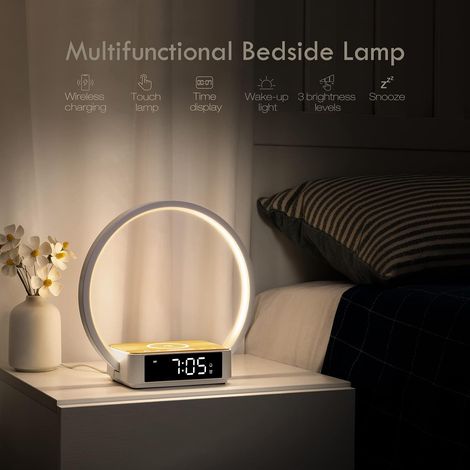 Lampe de chevet tactile pour chambre à coucher, lumière de réveil avec chargeur sans fil, lumière de réveil avec 3 niveaux de luminosité (1/4)