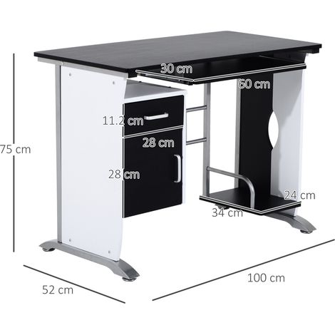 Bureau d'ordinateur avec étagères, tiroirs et placards, en MDF et fer, 100x52x75cm, blanc et noir. (1/5)