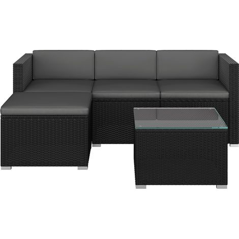 Yaheetech 5 Pièces Salon de Jardin Exterieur en Polyrotin, 4 Personnes Ensemble Mobilier avec 3 Canapés Modulables, 1 Table Basse en Verre Trempé et 1 Ottomane pour Bistro Patio Terrasse Noir/Gris