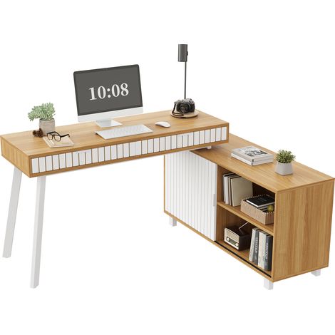 Bureau d’angle 140x120x76.5cm, style minimaliste moderne, motif à rayures verticales, pieds en acier, deux tiroirs, armoire spacieuse, couleur naturelle + blanc (1/5)