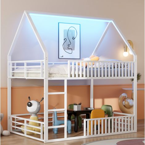 Lit superposé 140 x 200 cm maison en métal blanc avec LED 7 couleurs et garde-corps (1/5)