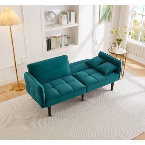 Clic-Clac 2 Posti in Velluto con Schienale Regolabile 3 Posizioni, Braccioli Ribaltabili e 2 Cuscini, Blu-Verde Antico