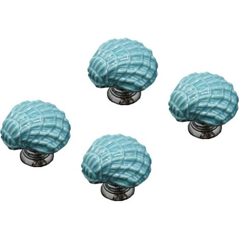 Lot de 4 Boutons de Porte en Céramique Bleu Design Coquillage, Base Solide et Style Créatif pour Meubles et Fenêtres (1/5)