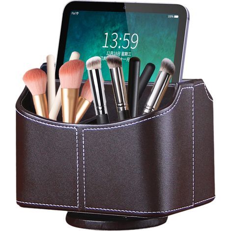 Porte-télécommande rotatif à 360° - Rangement pour télécommande TV - En cuir synthétique - Avec 5 compartiments - Multifonction - Pour table de chevet, bureau, bureau - Marron