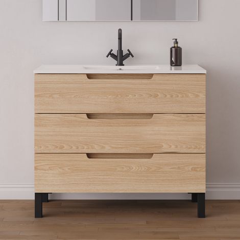 Meuble de salle de bain 90cm simple vasque - 3 tiroirs - sans miroir - roble era (chêne clair) - RIZA (1/5)