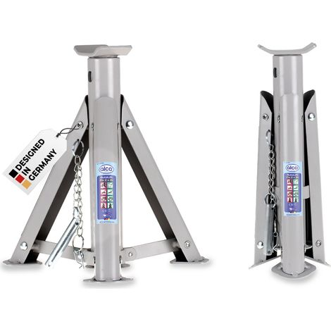alca® Unterstellbock 2t klappbar I Auto Stützbock Set (2 Stück), faltbar, 3-fach höhenverstellbar mit Sicherheitsstift, Gewicht 1,6kg je Bock, Höhe 260–360 mm, aus Stahl, silber-grau