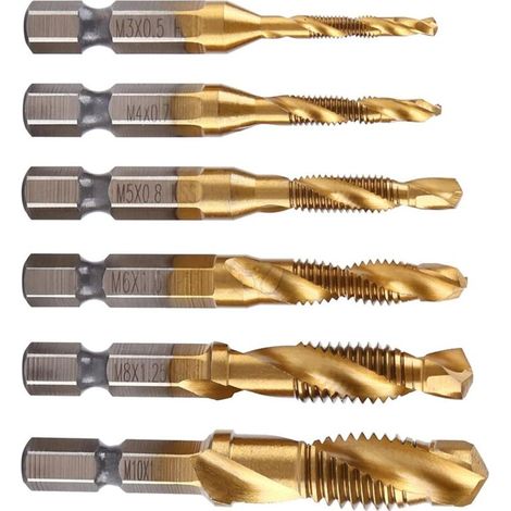 Lot de 6 Tarauds filetés et filières ou filetage métrique M3-M10 avec revêtement en titane HSS et tarauds 1/4", tige hexagonale cannelée, filetage de vis, utilisation pour tarauder différents (1/5)