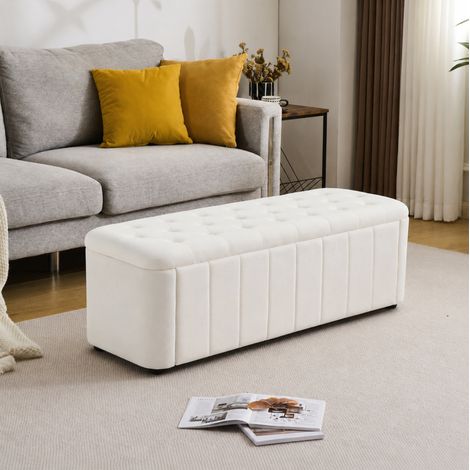 Panca contenitore 132x47x24 cm in velluto, panca imbottita con bottoni decorativi, beige (1/5)
