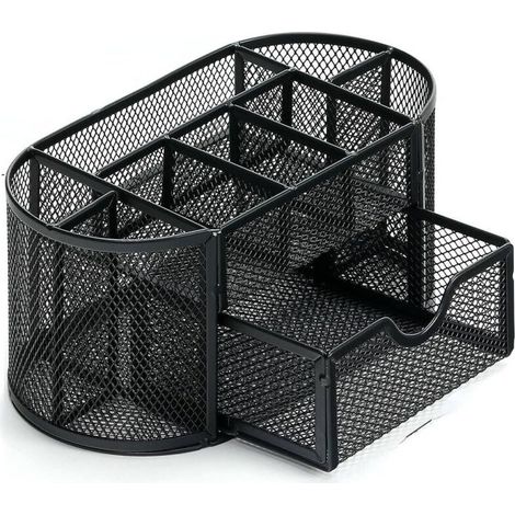 Boîte de rangement de bureau, boîte de rangement pour bureau, école, maison, fournitures quotidiennes, porte-stylo en fer forgé 9 grilles(Noir) (1/5)