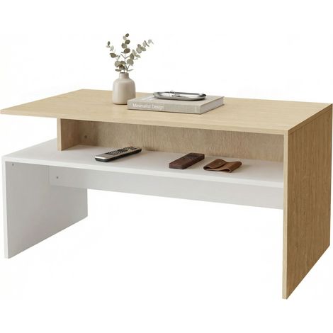 Table de Salon Bicolore avec Étagère Asymétrique, 95x55x50 cm, Bois Naturel et Blanc (1/5)