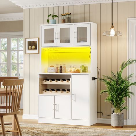 Buffet haut de cuisine avec LED RGB, prise USB, range-verres et casier à vin, 100x40x180 cm, MDF blanc (1/5)