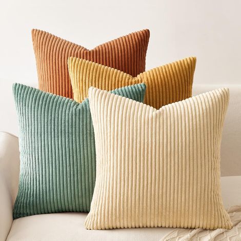 JSSEVN - Sofa Cushion Cover 45x45 cm in Blue-Orange Gradient Striped Corduroy Pattern, Set of 4, Cushion Decoration for Bedroom, Modern Luxury Bohemian Style (1/5)
