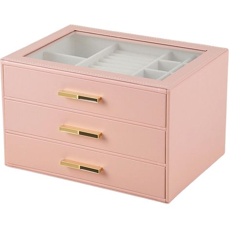 Organisateurs de bijoux à trois niveaux avec couvercle en verre pour une vue d'ensemble rapide, construction robuste et intérieur doublé de velours (rose). (1/5)