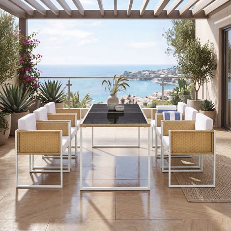 Ensemble repas jardin 6 places, table et fauteuils en polyrotin, housses lavables amovibles, mobilier extérieur