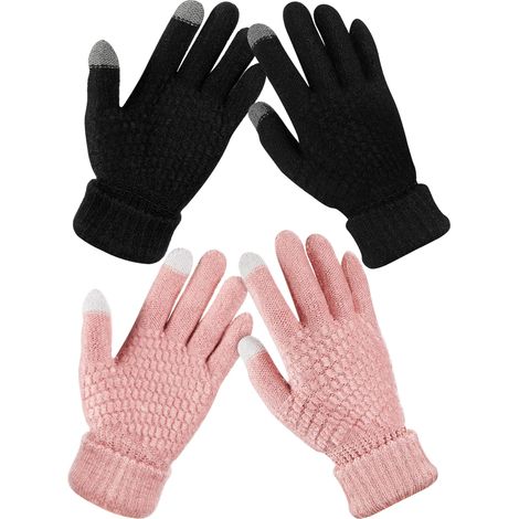 Lot de 2 paires de gants tactiles d'hiver pour femmes - Doublés en polaire douce et chaude, poignets élastiques tricotés, idéaux pour envoyer des SMS par temps froid. (1/5)