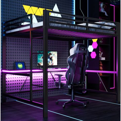 Cama alta 160x200 con escritorio, LED y estructura metálica negra DESVIAE (1/5)