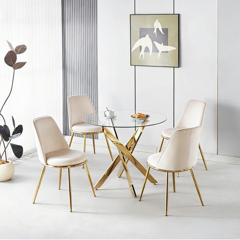 Ensemble de salle à manger 5 pièces en velours crème blanc, chaises dossier haut et pieds dorés pour intérieur moderne et élégant CHICFURN (1/5)