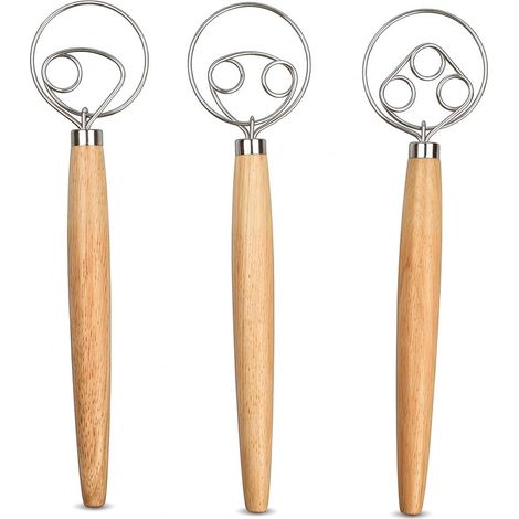 3 Pièces Fouet à Pâte, Mélangeur de Pâte à Pain, Fouet de Cuisine Danois Mélangeur à Manche en Bois, Fouet Pâte à Pain, batteur à œufs avec poignée en Bois pour Gâteaux Pâtisseries, 3 Tailles (1/5)