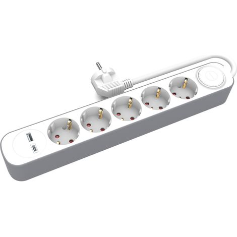 Cable alargador Schuko 5x 230V 1,5m USB-A USB-C con interruptor Plastrol