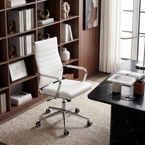 UEV Chaise de Bureau Ergonomique Kolumbus Cuir PU, Moderne avec roulettes et Accoudoirs, Hauteur Réglable, Pivotant Universel, Capacité 150kg, Balnc