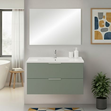 Mobile bagno sospeso 100cm verde opaco con cassetti lavabo e specchio Elva (1/5)