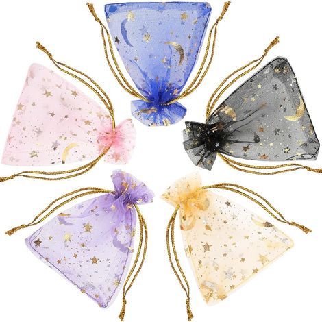 Lot de 5 sacs en fil de couleurs mélangées étoile et lune 1015 cm, sacs à bonbons quotidiens en ruban de fil d'or, adaptés aux mariages et festivals, etc. (1/5)