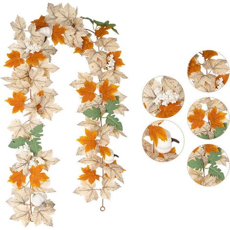 Guirlande Feuilles D'érable - Artificielle - 11,4 Pi Pieds - Blanc - En Soie - Pour Intérieur Extérieur - Décoration Automne Fête Merci - 2 Pièces