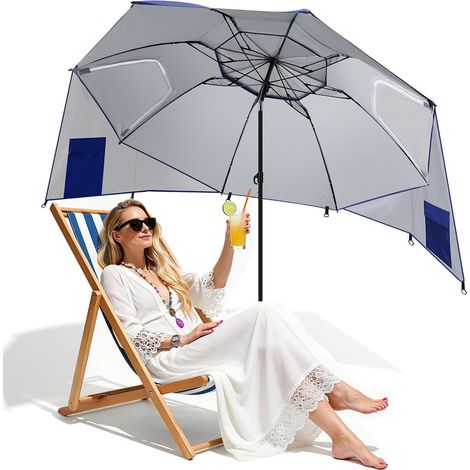 TolleTour Strandschirm 210 cm Sonnenschirm mit UV Schutz 50+, neigbar mit Erdspieß und Tragetasche, wasserabweisender Gartenschirm für Strand, Garten & Balkon – Blau mit Spiral-Erdspieß